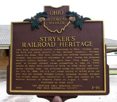 Stryker's Railroad Heritage Marker image. Click for full size.