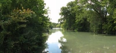 Panorama, San Marcos River behind the marker, looking upstream SW image. Click for full size.