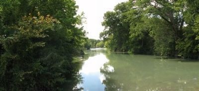Panorama, San Marcos River behind the marker, looking upstream SW. Click for full size. Panorama, San Marcos River behind the marker, looking upstream SW image. Click for full size.