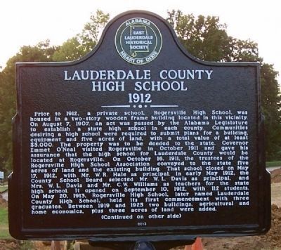 Lauderdale County High School 1912 Marker (side 1) image. Click for full size.
