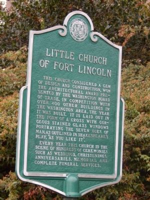 Little Church of Fort Lincoln Marker. Click for full size. Little Church of Fort Lincoln Marker image. Click for full size.