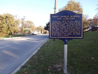 Long Reverse View - - First Church, School and Cemetery Marker. Click for full size. Long Reverse View - - First Church, School and Cemetery Marker image. Click for full size.