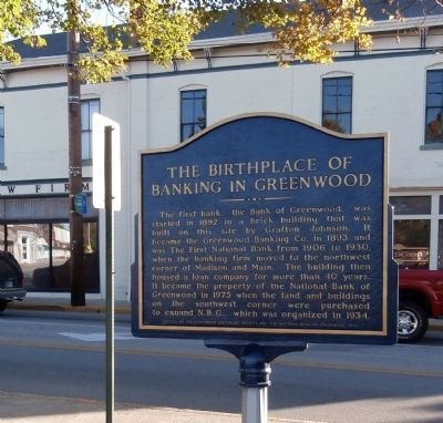 Reverse View - - The Birthplace of Banking in Greenwood Marker image. Click for full size.