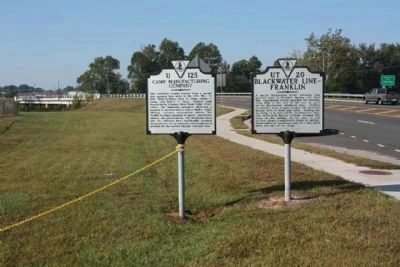 Blackwater Line - Franklin Marker (r) shares location with Camp Manufacturing Company Marker. Click for full size. Blackwater Line - Franklin Marker (r) shares location with Camp Manufacturing Company Marker image. Click for full size.