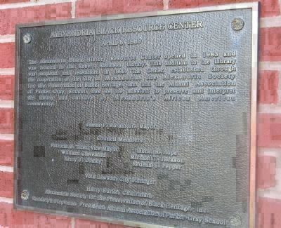 "The Alexandria Black Resource Center," 1989 - plaque next to the Alexandria Black History Museum's image. Click for full size.