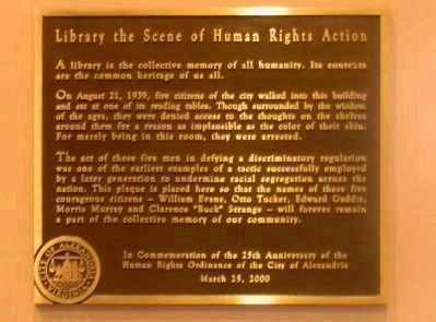 Alexandria Public Library - interior plaque commemorating the 1939 sit-in image. Click for full size.