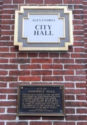 "Site of Assembly Hall" - marker at corner of North Fairfax and Cameron Streets image. Click for full size.