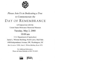 Announcement of the USDA Holocaust Memorial Tree Event. Click for full size. Announcement of the USDA Holocaust Memorial Tree Event image. Click for full size.