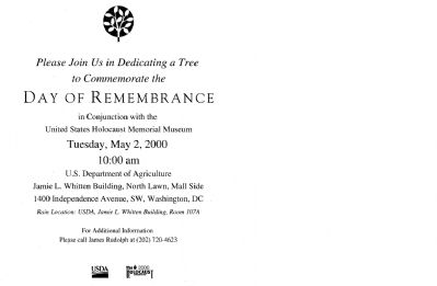 Announcement of the USDA Holocaust Memorial Tree Event image. Click for full size.