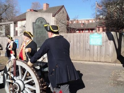 Continental Artillerymen at the Old Barracks Marker image. Click for full size.