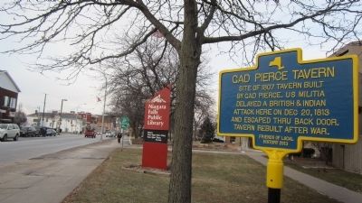 Marker with Niagara Falls Public Library sign image. Click for full size.