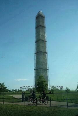 The Washington Monument with scaffolding and earthquake damage repairs in progress. image. Click for full size.