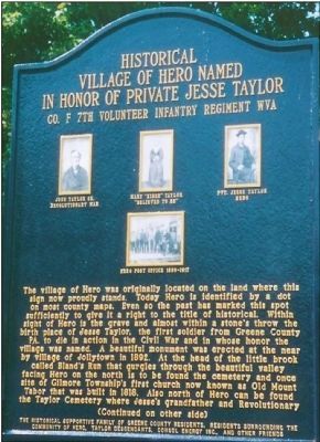 Historical Village of Hero Named in Honor of Private Jesse Taylor Co. F 7th Vol Infantry Regmt WV Marker. Click for full size. Historical Village of Hero Named in Honor of Private Jesse Taylor Co. F 7th Vol Infantry Regmt WV Marker image. Click for full size.