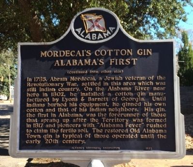 Mordecai's Cotton Gin Alabama's First Marker image. Click for full size.