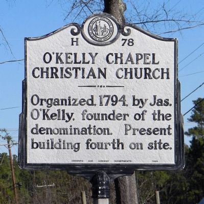O'Kelly Chapel Christian Church Marker image. Click for full size.
