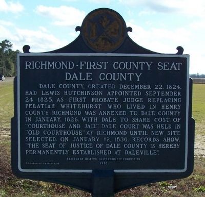 Richmond - First County Seat of Dale County Marker. Click for full size. Richmond - First County Seat of Dale County Marker image. Click for full size.