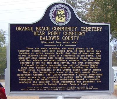 Orange Beach Community Cemetery Marker, back image. Click for full size.