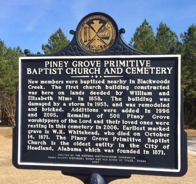 Piney Grove Primitive Baptist Church and Cemetery Marker (reverse). Click for full size. Piney Grove Primitive Baptist Church and Cemetery Marker (reverse) image. Click for full size.