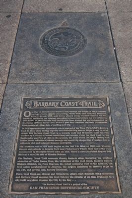 The Barbary Coast Trail Marker with trail medallion image. Click for full size.