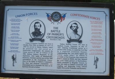The Battle of Parker's Crossroads Opposing Forces Marker. Click for full size. The Battle of Parker's Crossroads Opposing Forces Marker image. Click for full size.