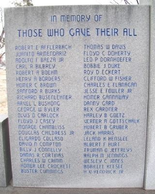 Runnels County Veterans Memorial Roll of Honored Dead. Click for full size. Runnels County Veterans Memorial Roll of Honored Dead image. Click for full size.