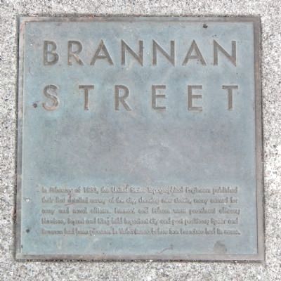 Brannan Street Marker, top left plaque image. Click for full size.