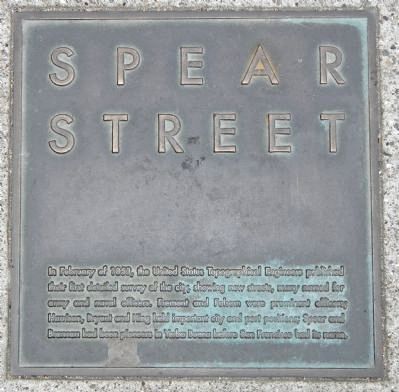 Spear Street Marker, top left plaque image. Click for full size.
