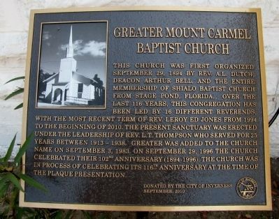 Greater Mount Carmel Baptist Church Marker image. Click for full size.
