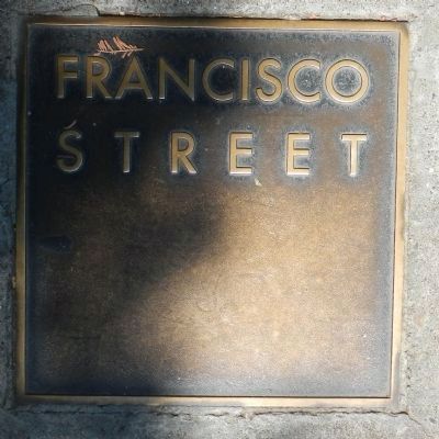 Francisco Street Marker, top left plaque image. Click for full size.