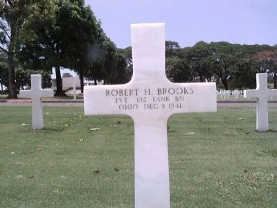 Pvt. Robert H. Brooks, U.S.A. - his memorial cross at the American Military Cemetery, Manila, R. P. image. Click for full size.
