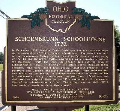 Schoenbrunn Schoolhouse 1772 Marker. Click for full size. Schoenbrunn Schoolhouse 1772 Marker image. Click for full size.