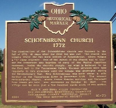 Schoenbrunn Church 1772 Marker. Click for full size. Schoenbrunn Church 1772 Marker image. Click for full size.