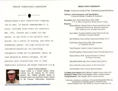 Cresson Tuberculosis Sanatorium Marker Dedication Program. Click for full size. Cresson Tuberculosis Sanatorium Marker Dedication Program image. Click for full size.
