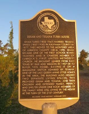Isham and Texana Tubbs House Marker image. Click for full size.