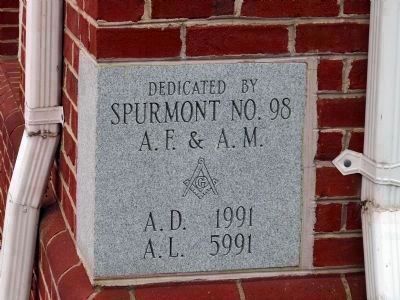 Dedicated by<br>Spurmont No. 98<br>A.F. & A.M.<br>A.D. 1991<br>A.L. 5991 image. Click for full size.