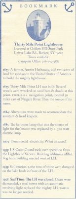 30 Mile Point Lighthouse Bookmark Timeline Front. Click for full size. 30 Mile Point Lighthouse Bookmark Timeline Front image. Click for full size.