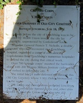 Crippled Corps and VM.I. Cadets Form Inner Defenses in Old City Cemetery Marker. Click for full size. Crippled Corps and VM.I. Cadets Form Inner Defenses in Old City Cemetery Marker image. Click for full size.