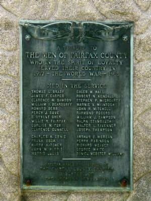A Tribute to The Men of Fairfax County World War I Marker. Click for full size. A Tribute to The Men of Fairfax County World War I Marker image. Click for full size.