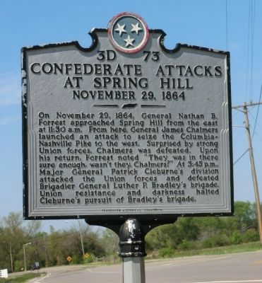 Confederate Attacks at Spring Hill Marker image. Click for full size.