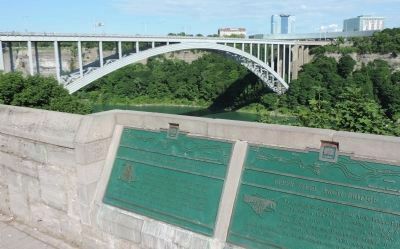 Rainbow Bridge viewed from the overlook on River Road with markers for the earlier. Click for full size. Rainbow Bridge viewed from the overlook on River Road with markers for the earlier image. Click for full size.