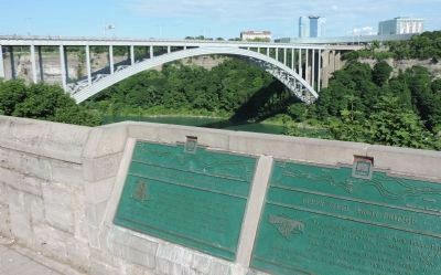 Rainbow Bridge viewed from the overlook on River Road with markers for the earlier image. Click for full size.