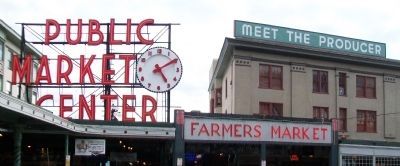 Pike Place Market Clock and Signs. Click for full size. Pike Place Market Clock and Signs image. Click for full size.