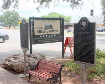 Adjutants General Marker, on the right, is located in front of the Texas Military Forces Museum. image. Click for full size.