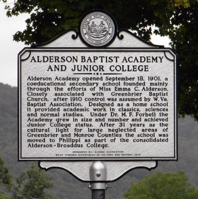 Alderson Baptist Academy and Junior College Marker. Click for full size. Alderson Baptist Academy and Junior College Marker image. Click for full size.
