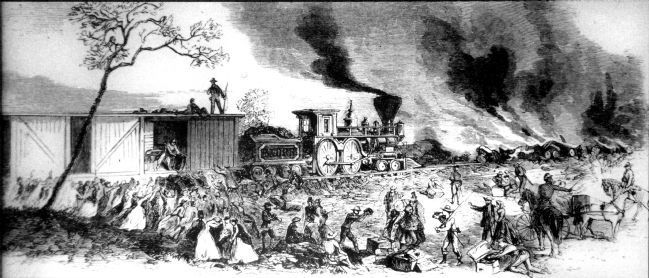 Train Burnng at Magnolia Station<br><i>Leslies's Illustated Newspaper</i> (1864) image. Click for full size.