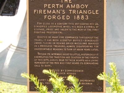 The Perth Amboy Fireman's Triangle Forged 1883 Marker. Click for full size. The Perth Amboy Fireman's Triangle Forged 1883 Marker image. Click for full size.