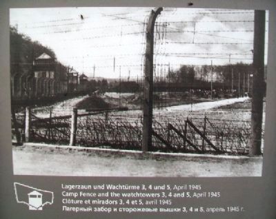 Camp Fence and the Watchtowers 3, 4 and 5, April 1945 Marker image. Click for full size.