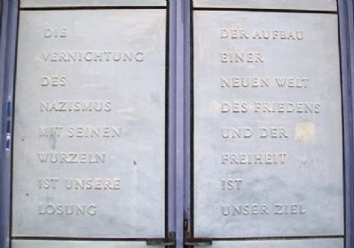 National Buchenwald Memorial Slogan on Doors of The Tower of Freedom image. Click for full size.