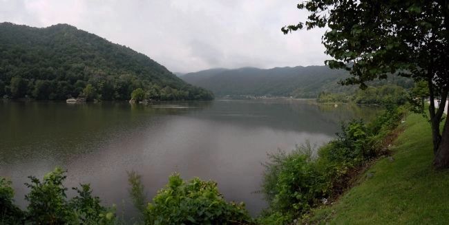 Looking downstream at the confluence of the New, Gauley and Kanawha Rivers image. Click for full size.