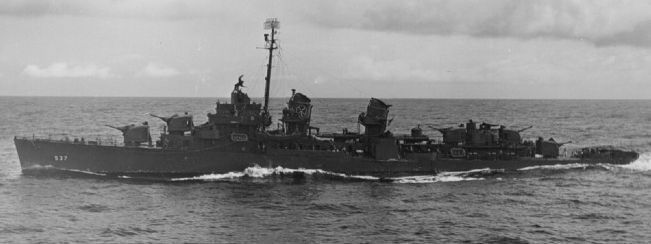 USS <i>The Sullivans</i> (DD-537): WWII - at sea off Ponape [<i>Pohnpei</i>] in Micronesia image. Click for full size.